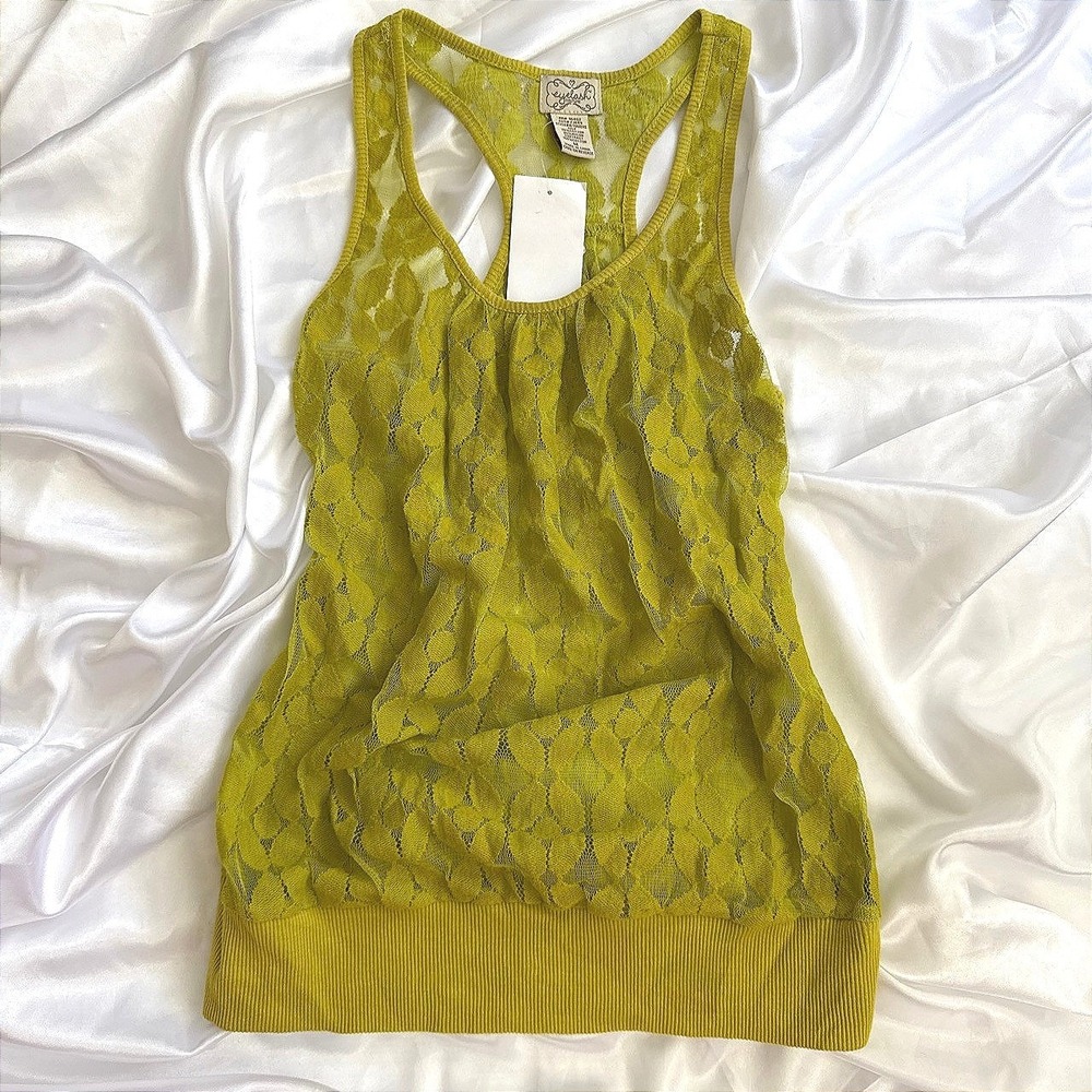 Eyelash Couture Womens Chartreuse Green Lace Racerback Tank Top Size M NEW